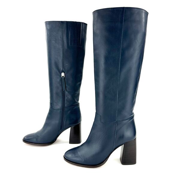 Anthropologie Angel Alarcon Jana Blue Knee-High Boot Size 8 Leather Block Heel - Picture 1 of 13